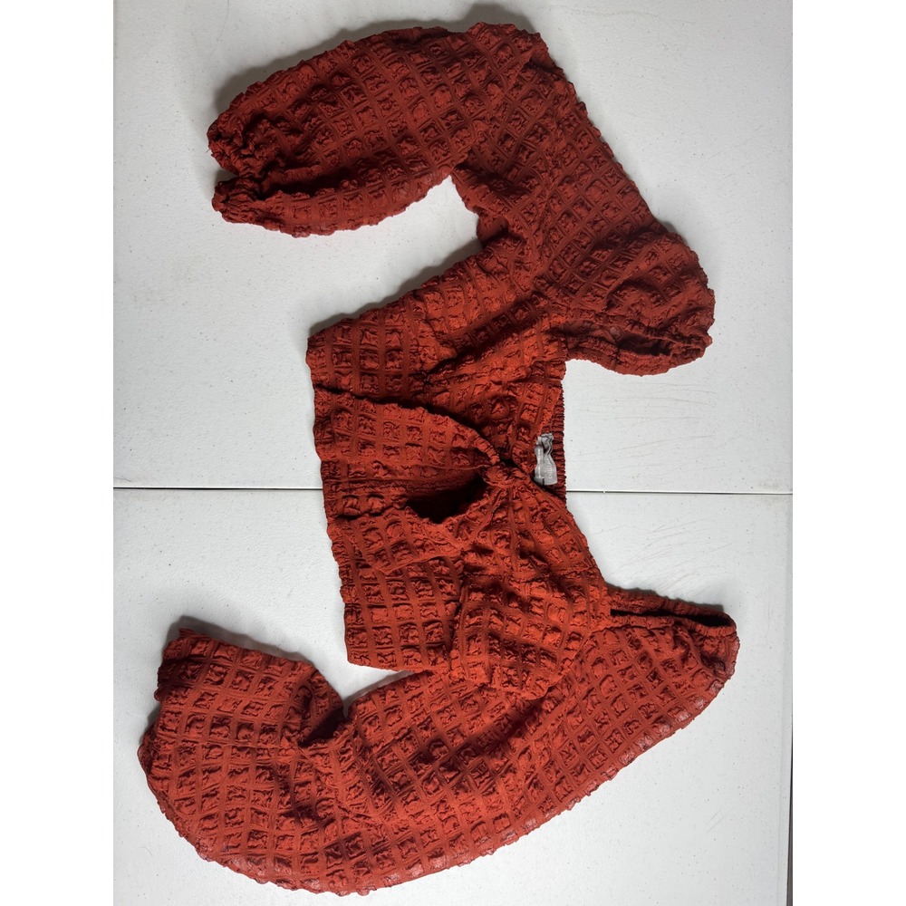 Urban Outfitters Rust Orange‎ Popcorn Texture Puff Sleeve Crop Top Blouse Medium
